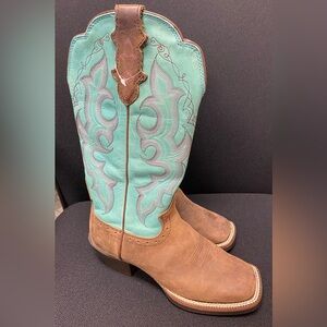 Justin women's square toe cowboy boots brown teal 6B Like New Condition